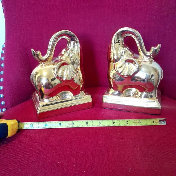 Gold Elephant Bookends Pair Ceramic 7" Tall - Picture 7 of 9